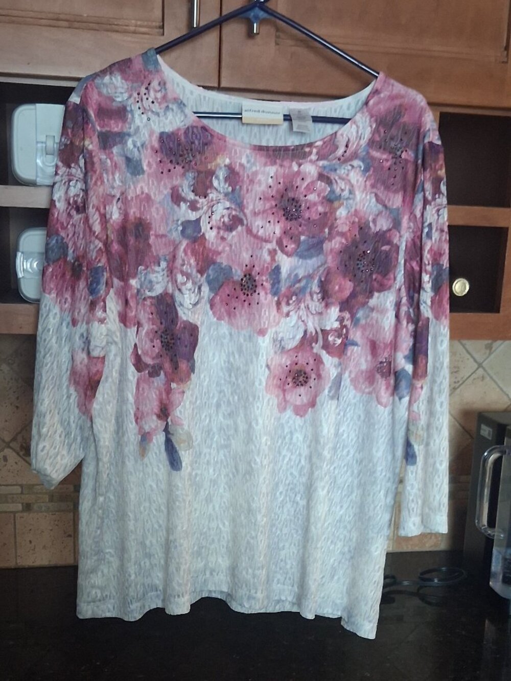 Alfred Dunner 3/4 Sleeve Floral Rhinestone Lined Polyester/Spandex Blouse 2X
